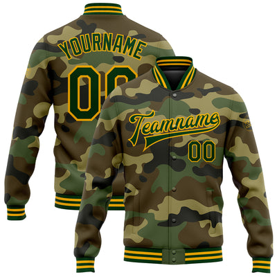 Custom Camo Green-Gold Bomber Full-Snap Varsity Letterman Salute To Service Jacket