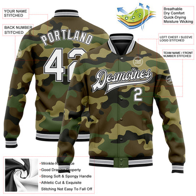 Custom Camo White Black-Gray Bomber Full-Snap Varsity Letterman Salute To Service Jacket