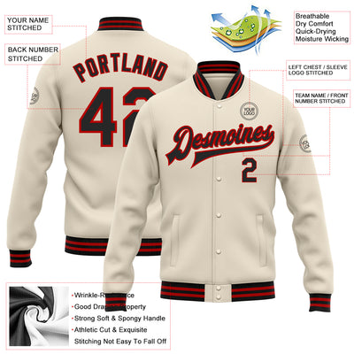 Custom Cream Black-Red Bomber Full-Snap Varsity Letterman Jacket