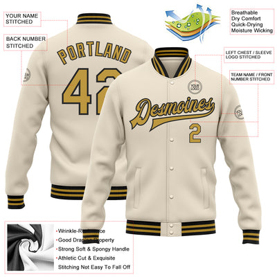 Custom Cream Old Gold-Black Bomber Full-Snap Varsity Letterman Jacket