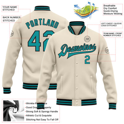 Custom Cream Teal-Black Bomber Full-Snap Varsity Letterman Jacket