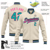 Custom Cream Aqua Black-Pink Bomber Full-Snap Varsity Letterman Jacket