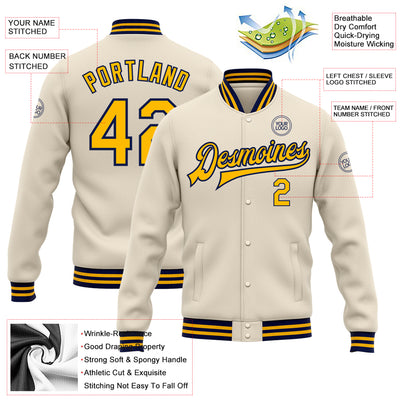 Custom Cream Gold-Navy Bomber Full-Snap Varsity Letterman Jacket