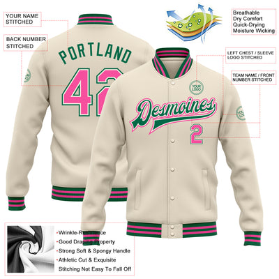 Custom Cream Pink-Kelly Green Bomber Full-Snap Varsity Letterman Jacket