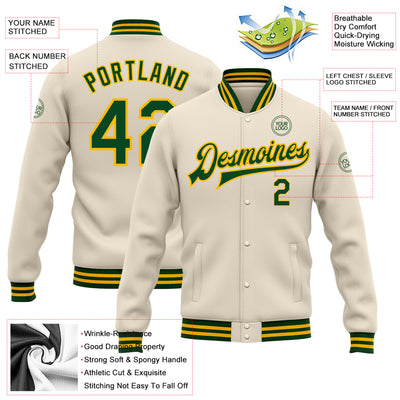 Custom Cream Green-Gold Bomber Full-Snap Varsity Letterman Jacket