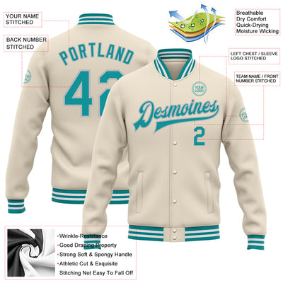 Custom Cream Teal-Gray Bomber Full-Snap Varsity Letterman Jacket