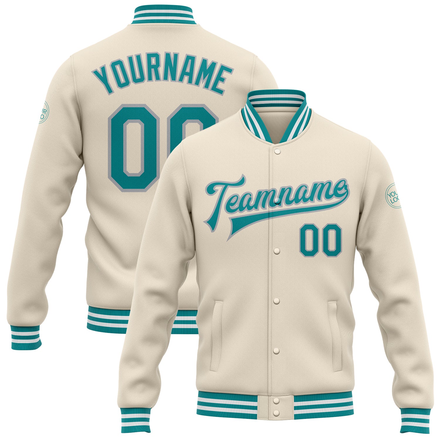 Custom Varsity Letterman Jacket Gray Teal-White Bomber Full-Snap Women's Size:S