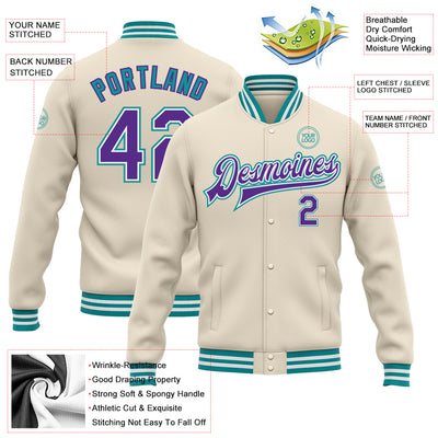 Custom Cream Purple-Teal Bomber Full-Snap Varsity Letterman Jacket