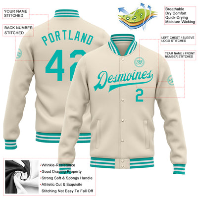 Custom Cream Aqua-White Bomber Full-Snap Varsity Letterman Jacket