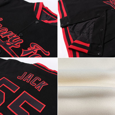 Custom Cream Red-Black Bomber Full-Snap Varsity Letterman Jacket