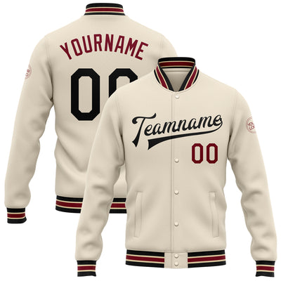 Custom Cream Black Crimson-City Cream Bomber Full-Snap Varsity Letterman Jacket