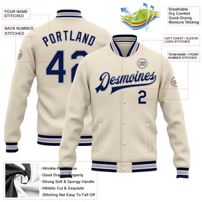 Custom Cream Navy-Gray Bomber Full-Snap Varsity Letterman Jacket