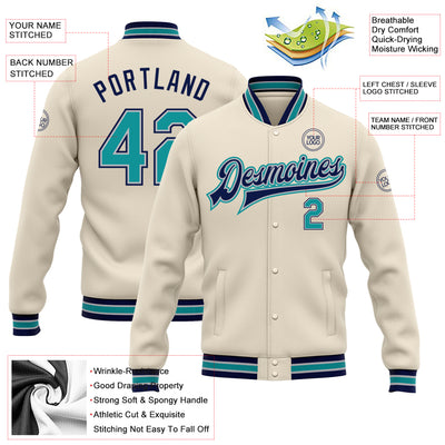 Custom Cream Teal Gray-Navy Bomber Full-Snap Varsity Letterman Jacket