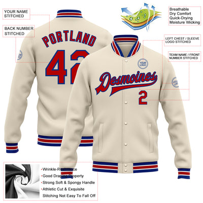 Custom Cream Red-Royal Bomber Full-Snap Varsity Letterman Jacket