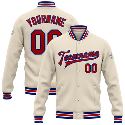 Custom Cream Red-Royal Bomber Full-Snap Varsity Letterman Jacket