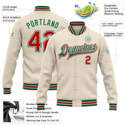 Custom Cream Red-Kelly Green Bomber Full-Snap Varsity Letterman Jacket