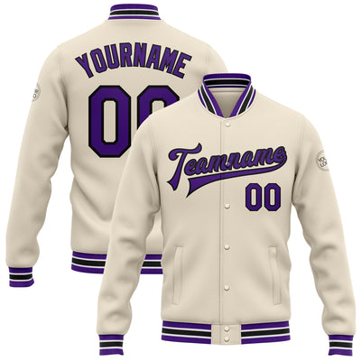 Custom Cream Purple-Black Bomber Full-Snap Varsity Letterman Jacket