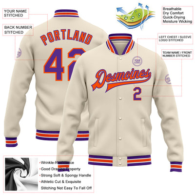 Custom Cream Purple-Orange Bomber Full-Snap Varsity Letterman Jacket