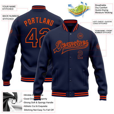 Custom Navy Orange Bomber Full-Snap Varsity Letterman Jacket