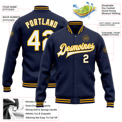 Custom Navy White-Gold Bomber Full-Snap Varsity Letterman Jacket