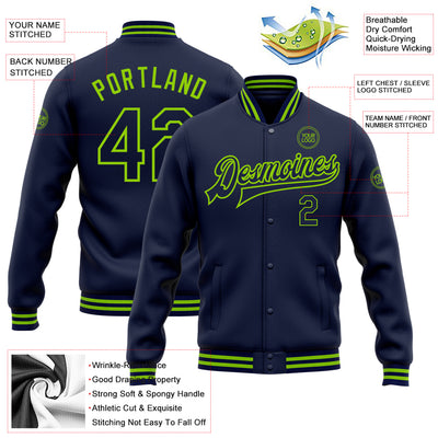 Custom Navy Neon Green Bomber Full-Snap Varsity Letterman Jacket