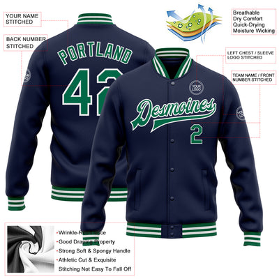 Custom Navy Kelly Green-White Bomber Full-Snap Varsity Letterman Jacket