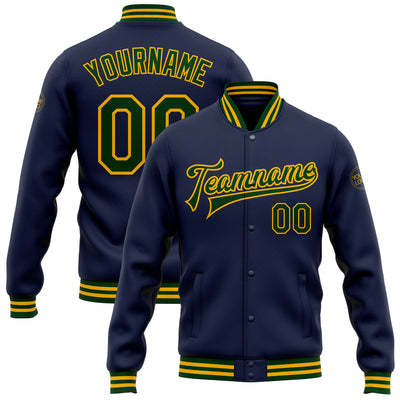 Custom Navy Green-Gold Bomber Full-Snap Varsity Letterman Jacket