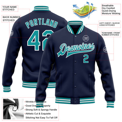 Custom Navy Teal-White Bomber Full-Snap Varsity Letterman Jacket