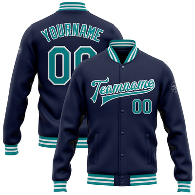 Custom Navy Teal-White Bomber Full-Snap Varsity Letterman Jacket