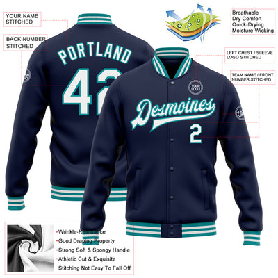 Custom Navy White-Teal Bomber Full-Snap Varsity Letterman Jacket