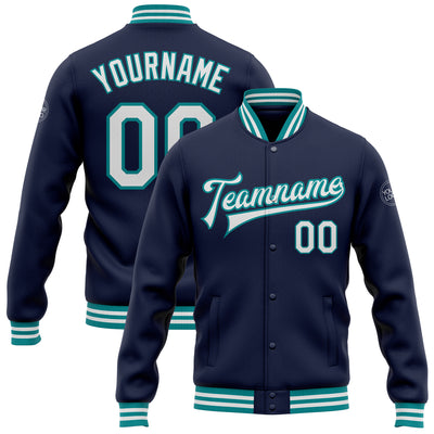 Custom Navy White-Teal Bomber Full-Snap Varsity Letterman Jacket