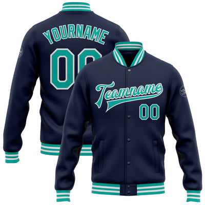 Custom Navy Aqua-White Bomber Full-Snap Varsity Letterman Jacket