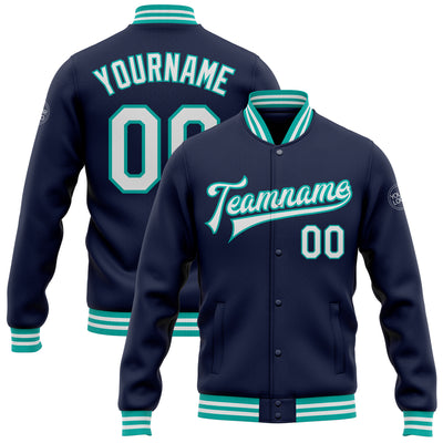 Custom Navy White-Aqua Bomber Full-Snap Varsity Letterman Jacket