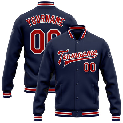 Custom Navy Red-White Bomber Full-Snap Varsity Letterman Jacket