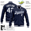 Custom Navy White-Gray Bomber Full-Snap Varsity Letterman Jacket