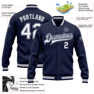 Custom Navy White-Gray Bomber Full-Snap Varsity Letterman Jacket