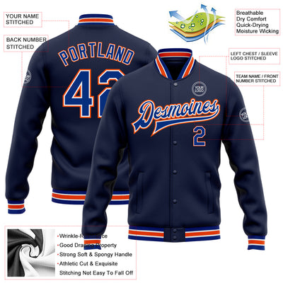 Custom Navy Royal-Orange Bomber Full-Snap Varsity Letterman Jacket