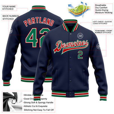 Custom Navy Kelly Green-Red Bomber Full-Snap Varsity Letterman Jacket