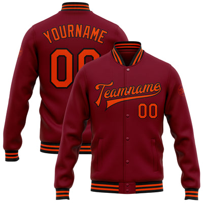 Custom Crimson Orange-Black Bomber Full-Snap Varsity Letterman Jacket