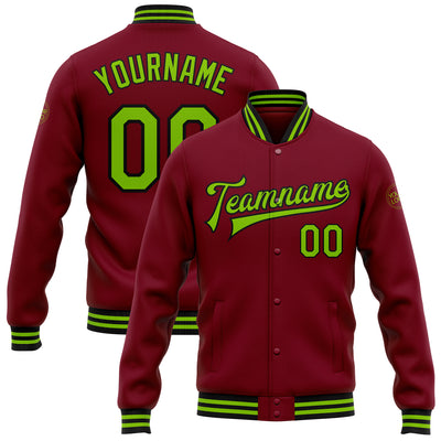 Custom Crimson Neon Green-Black Bomber Full-Snap Varsity Letterman Jacket