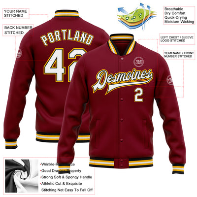 Custom Crimson White Black-Gold Bomber Full-Snap Varsity Letterman Jacket