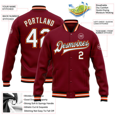 Custom Crimson White Black-Orange Bomber Full-Snap Varsity Letterman Jacket