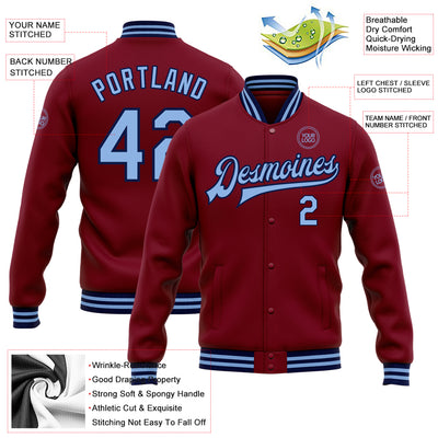 Custom Crimson Light Blue-Navy Bomber Full-Snap Varsity Letterman Jacket