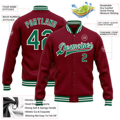 Custom Crimson Kelly Green-White Bomber Full-Snap Varsity Letterman Jacket