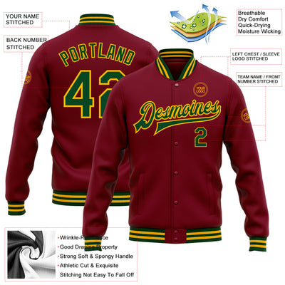 Custom Crimson Green-Gold Bomber Full-Snap Varsity Letterman Jacket