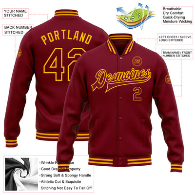 Custom Crimson Gold Bomber Full-Snap Varsity Letterman Jacket