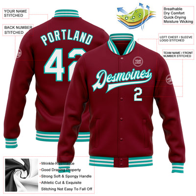 Custom Crimson White-Aqua Bomber Full-Snap Varsity Letterman Jacket