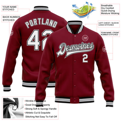 Custom Crimson White Black-Gray Bomber Full-Snap Varsity Letterman Jacket