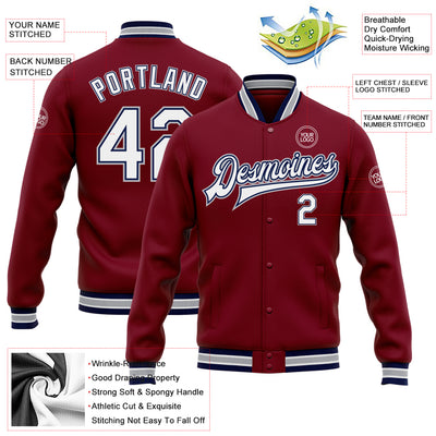 Custom Crimson White Navy-Gray Bomber Full-Snap Varsity Letterman Jacket