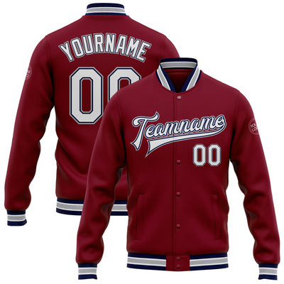 Custom Crimson White Navy-Gray Bomber Full-Snap Varsity Letterman Jacket